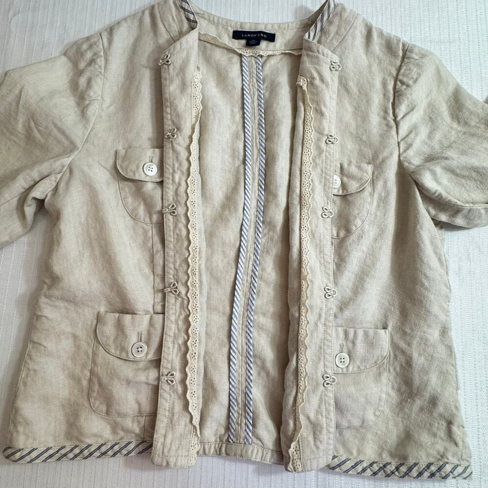 Lands' End 10P Linen Blazer Beige Jacket 3/4 Sleeve Hook & Eye Closure Classic - Picture 8 of 10